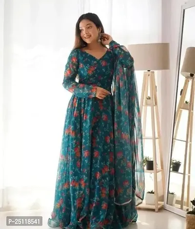 Stylish Multicoloured Georgette Anarkali Printed Stitched Ethnic Gown With Bottom And Dupatta For Women-thumb0