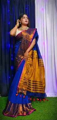 Stylish Blue Cotton Saree with Blouse piece For Women-thumb3