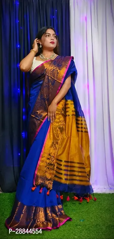 Stylish Blue Cotton Saree with Blouse piece For Women-thumb4