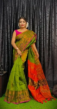 Stylish Green Cotton Saree with Blouse piece For Women-thumb1