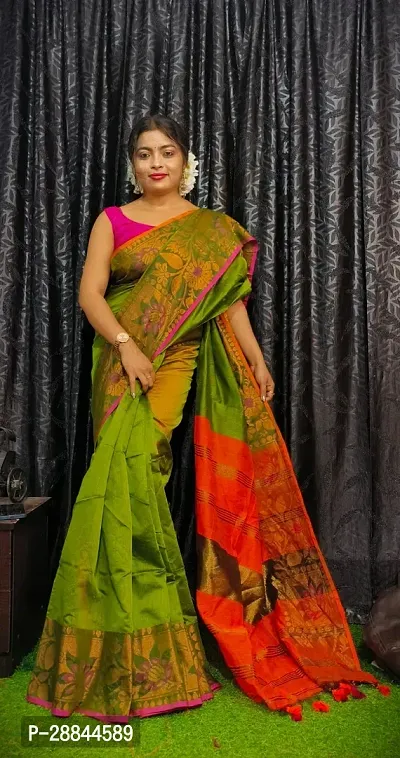 Stylish Green Cotton Saree with Blouse piece For Women-thumb2