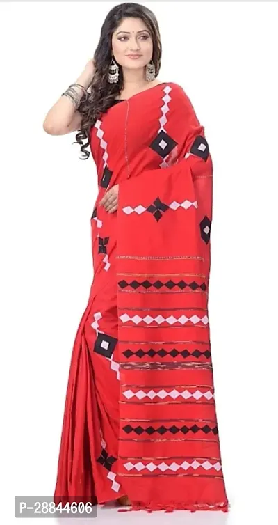 Stylish Red Cotton Saree with Blouse piece For Women-thumb0