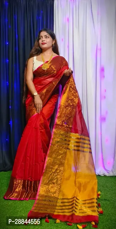 Stylish Red Cotton Saree with Blouse piece For Women