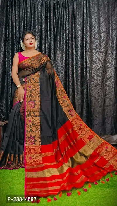 Stylish Black Cotton Saree with Blouse piece For Women-thumb0