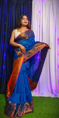 Stylish Blue Cotton Saree with Blouse piece For Women-thumb1