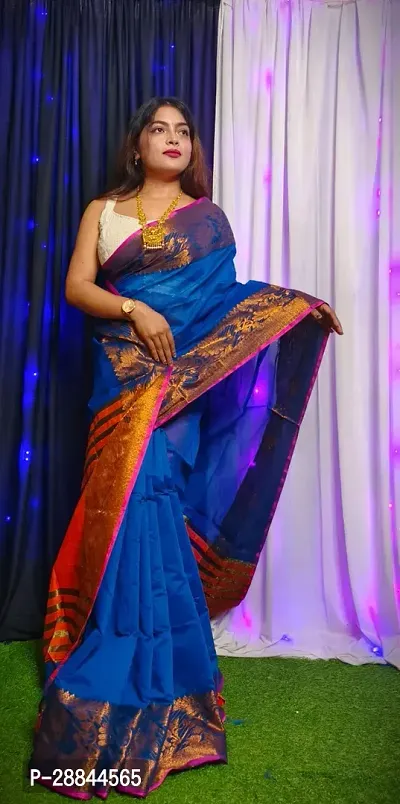 Stylish Blue Cotton Saree with Blouse piece For Women-thumb2