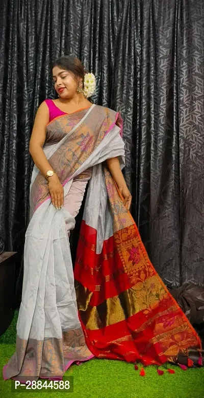 Stylish Grey Cotton Saree with Blouse piece For Women-thumb2