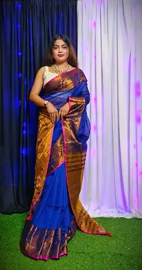 Stylish Blue Cotton Saree with Blouse piece For Women-thumb1