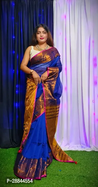 Stylish Blue Cotton Saree with Blouse piece For Women-thumb2