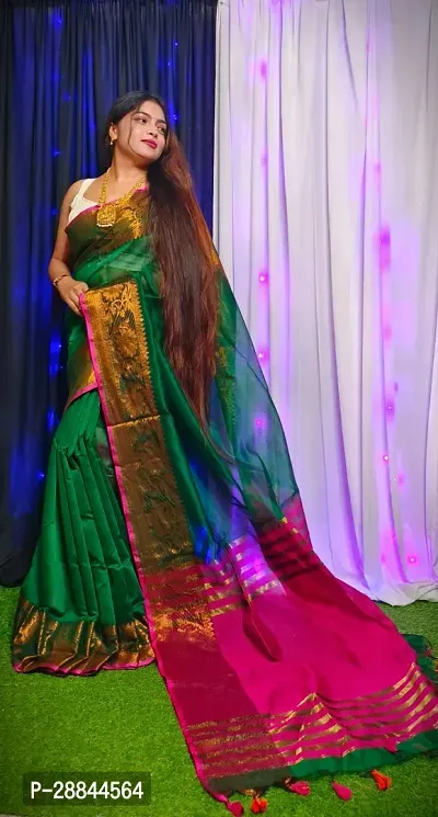 Stylish Green Cotton Saree with Blouse piece For Women-thumb2