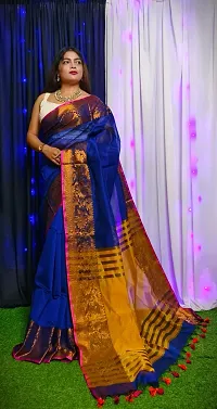 Stylish Blue Cotton Saree with Blouse piece For Women-thumb4