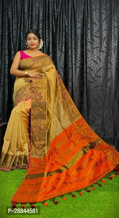 Stylish Yellow Cotton Saree with Blouse piece For Women