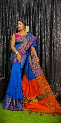 Stylish Blue Cotton Saree with Blouse piece For Women-thumb1