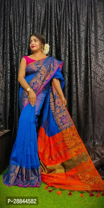 Stylish Blue Cotton Saree with Blouse piece For Women-thumb2