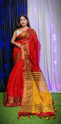 Stylish Red Cotton Saree with Blouse piece For Women-thumb4