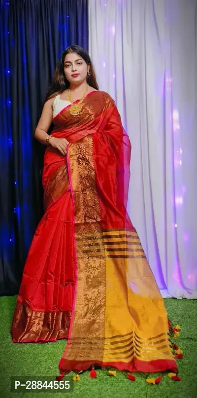 Stylish Red Cotton Saree with Blouse piece For Women-thumb5