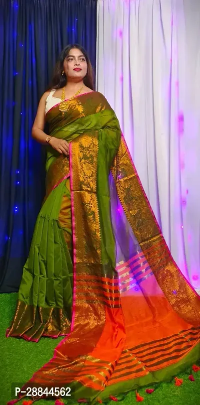Stylish Green Cotton Saree with Blouse piece For Women