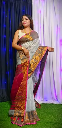 Stylish White Cotton Saree with Blouse piece For Women-thumb2