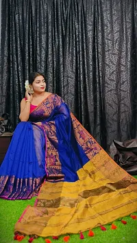 Stylish Blue Cotton Saree with Blouse piece For Women-thumb1