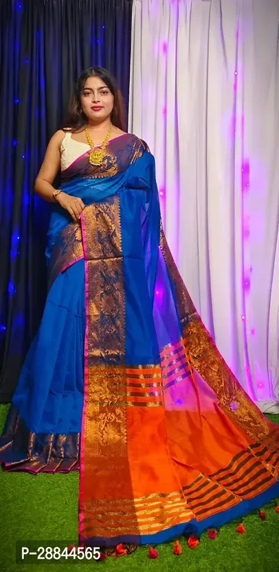 Stylish Blue Cotton Saree with Blouse piece For Women