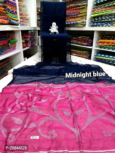 Stylish Navy Blue Cotton Saree with Blouse piece For Women