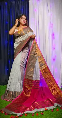 Stylish White Cotton Saree with Blouse piece For Women-thumb1