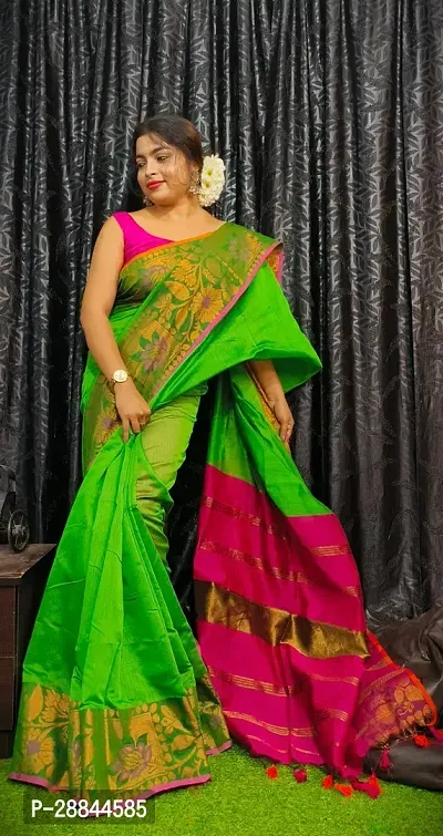 Stylish Green Cotton Saree with Blouse piece For Women-thumb2