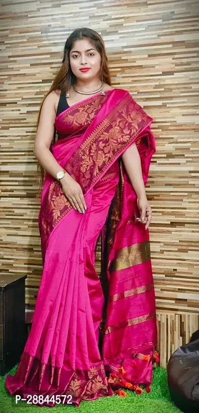 Stylish Pink Cotton Saree with Blouse piece For Women-thumb2