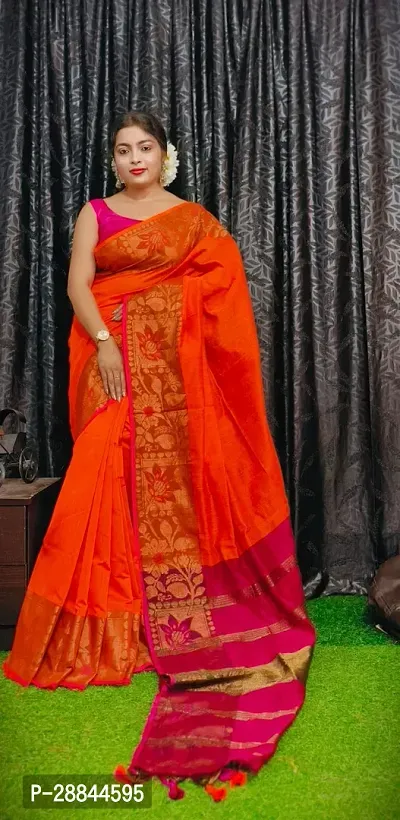 Stylish Red Cotton Saree with Blouse piece For Women-thumb0