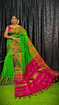 Stylish Green Cotton Saree with Blouse piece For Women-thumb3