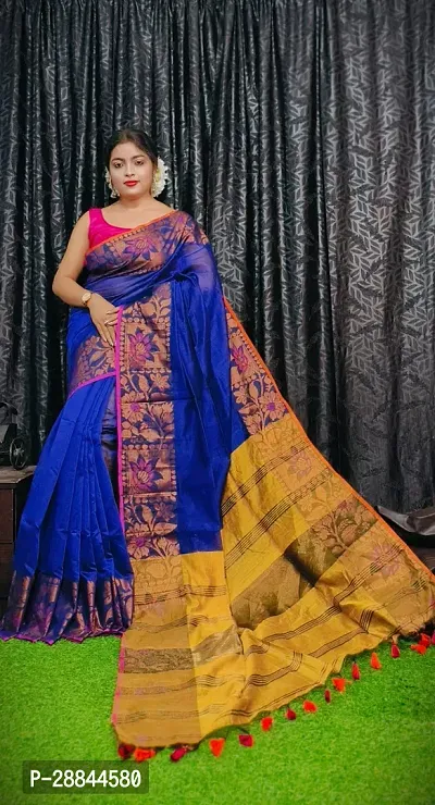 Stylish Blue Cotton Saree with Blouse piece For Women