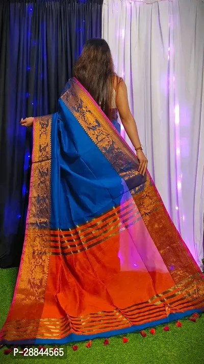 Stylish Blue Cotton Saree with Blouse piece For Women-thumb3