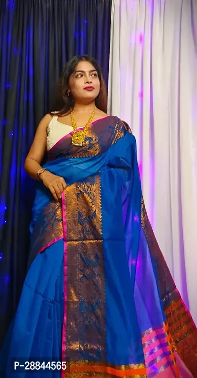 Stylish Blue Cotton Saree with Blouse piece For Women-thumb4