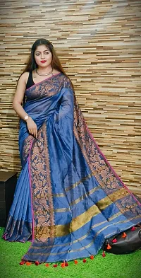 Stylish Blue Cotton Saree with Blouse piece For Women-thumb2