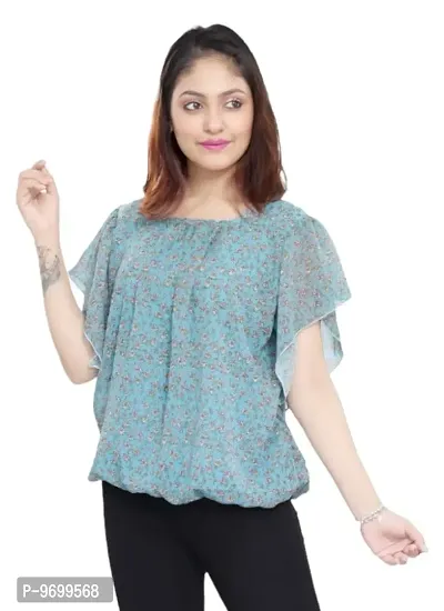 Stylish Green Georgette Floral Print Top For Women-thumb0