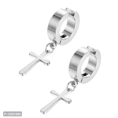 PS CREATION Non-Pierced Clip On Cross Dangle Drop Hoop Hinged Earrings Set for Men Women No Piercing Ear Plug Jewelry for Graduation Easter Christmas (Silver)