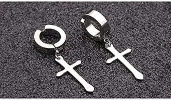 PS CREATION Non-Pierced Clip On Cross Dangle Hoop Earrings Set for Men Women No Piercing Ear Plug Jewelry for Graduation Easter Christmas (1 Pair (silver))-thumb2