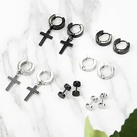 PS CREATION 6 Pairs Stainless Steel Cross Earrings, Cross Hoop Earrings, Hoop Earrings, Black Silver for Men and Women-thumb2