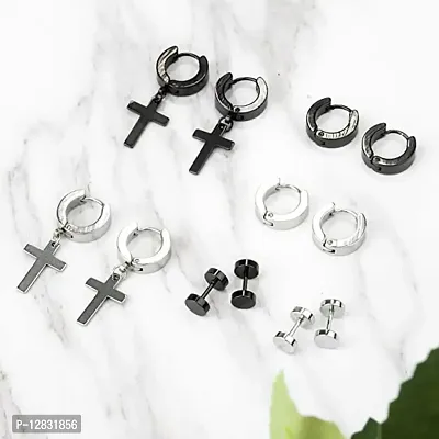 PS CREATION 6 Pairs Stainless Steel Cross Earrings, Cross Hoop Earrings, Hoop Earrings, Black Silver for Men and Women-thumb3