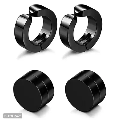 PS CREATION 2 Pair Magnet Stud and Black Colour Auto Lock Non-Piercing Stainless Steel Bali Earring for Men-thumb0