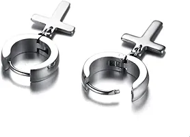 PS CREATION Dangling Cross Hoop Earrings Set for Men Women Stainless Steel Piercing Cross Dangle Hinged Huggie Ear Jewelry Wearing Boys Girls (Silver)-thumb1