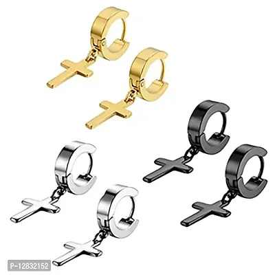 PS CREATION Cross Earrings Dangle Hinged Earrings Stainless Steel Cross Hoop Earrings (Black,Gold,Silver) 3Pair