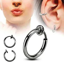 PS CREATION Men's and Women's Silver Plated Stainless Steel Non-Pierced Clip-on Hoops Lip Nose Belly Eyebrow Earrings (Silver)-thumb1
