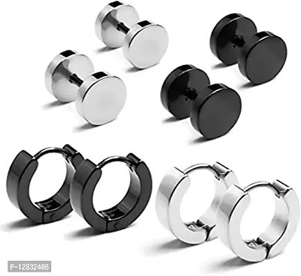 PS CREATION Stainless Steel Black Silver Piercing Hoop Bali Stud Earrings Combo pack Ear rings for men boys boyfriend girls Women-thumb0