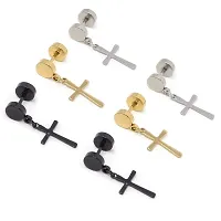 PS CREATION 6 Pairs Stainless Steel Cross Dangle Huggie Hoop Earring Barbell Ear Studs Women-thumb2