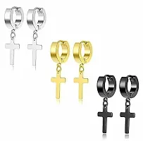 PS CREATION 6 Pairs Stainless Steel Cross Dangle Huggie Hoop Earring Barbell Ear Studs Women-thumb3