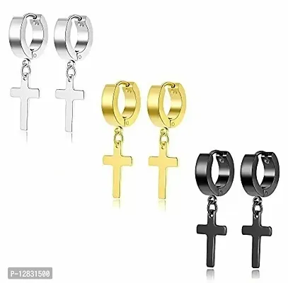 PS CREATION 6 Pairs Stainless Steel Cross Dangle Huggie Hoop Earring Barbell Ear Studs Women-thumb4