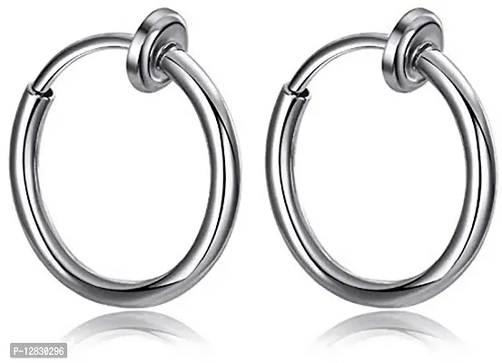 PS CREATION Men's and Women's Silver Plated Stainless Steel Non-Pierced Clip-on Hoops Lip Nose Belly Eyebrow Earrings (Silver)-thumb3