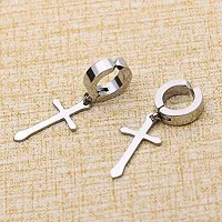 PS CREATION Non-Pierced Clip On Cross Dangle Hoop Earrings Set for Men Women No Piercing Ear Plug Jewelry for Graduation Easter Christmas (1 Pair (silver))-thumb1