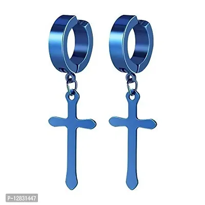 PS CREATION Non-Pierced Clip On Cross Dangle Drop Hoop Hinged Earrings Set for Men Women No Piercing Ear Plug Jewelry for Graduation (Blue)-thumb0
